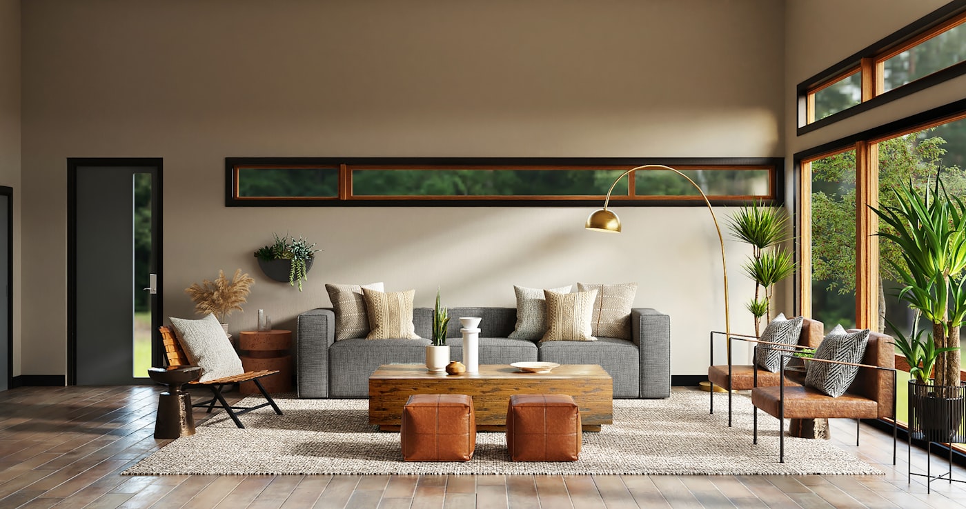 Layered interior with art, stone, and warm lamps